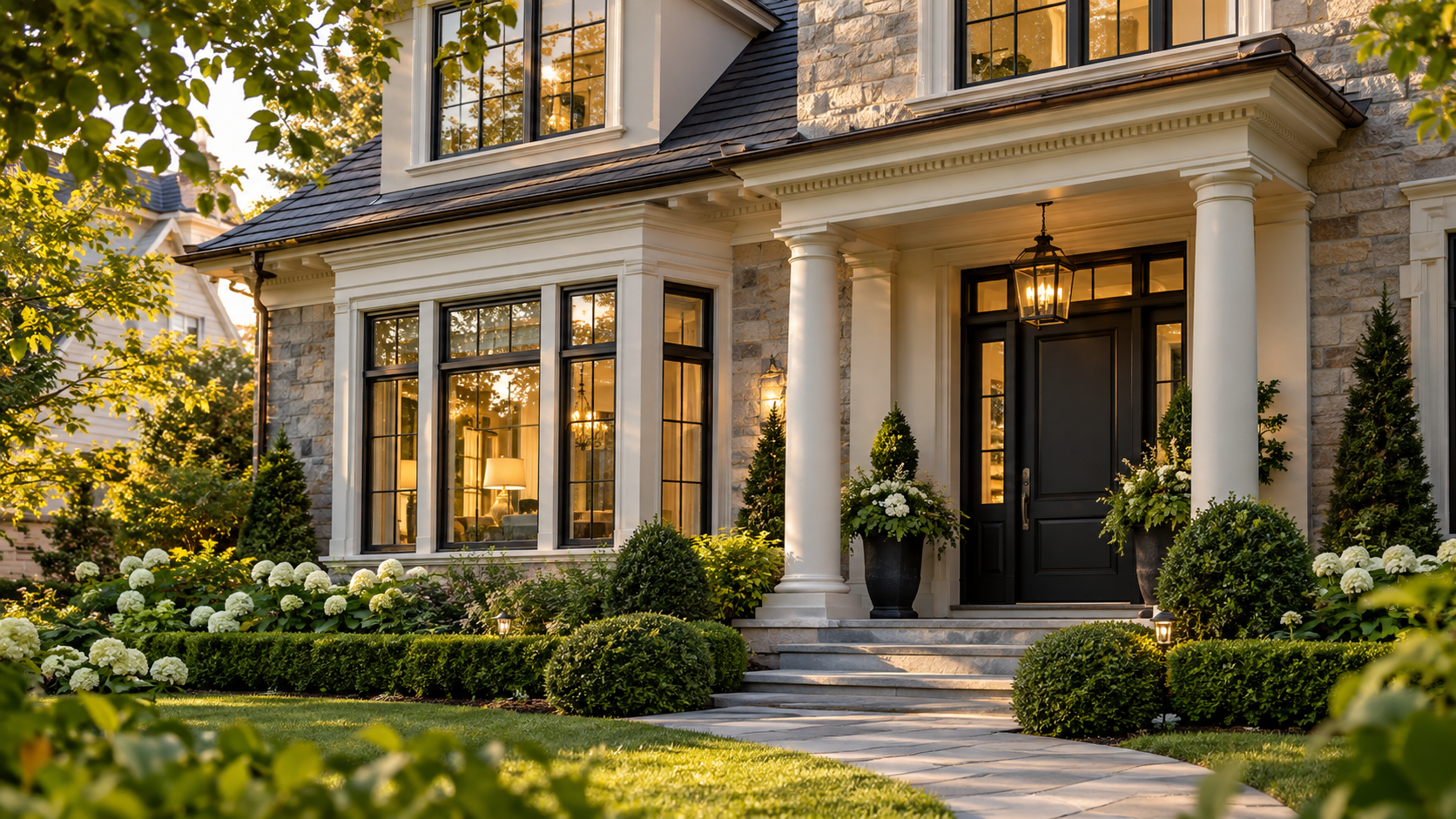 Elegant Golden Hour Garden Facade
